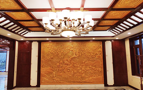 霸州中式别墅客厅中式木作横梁吊顶装饰展示